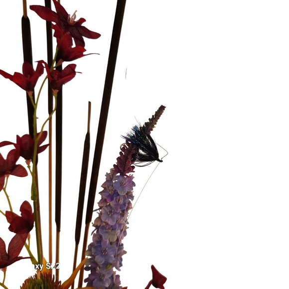 Artificial Floral Arrangement In Fishing Creel Basket With Vibrant Red Purple & - Picture 15 of 15